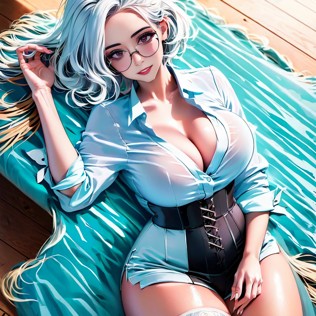 Sweet expression, lying down, white glasses, short white hair, (8k, RAW photo, photorealistic:1.25) ,( lip gloss, eyelashes, glossy face, shiny skin, best quality, super high resolution , depth of field, chromatic aberration, caustics, wide light, natural shadows, Kpop idol) looking at viewer with serenity and goddess-like bliss, full body, big breasts, white underwear, black stockings, see-through shirt, white shirt, secretary