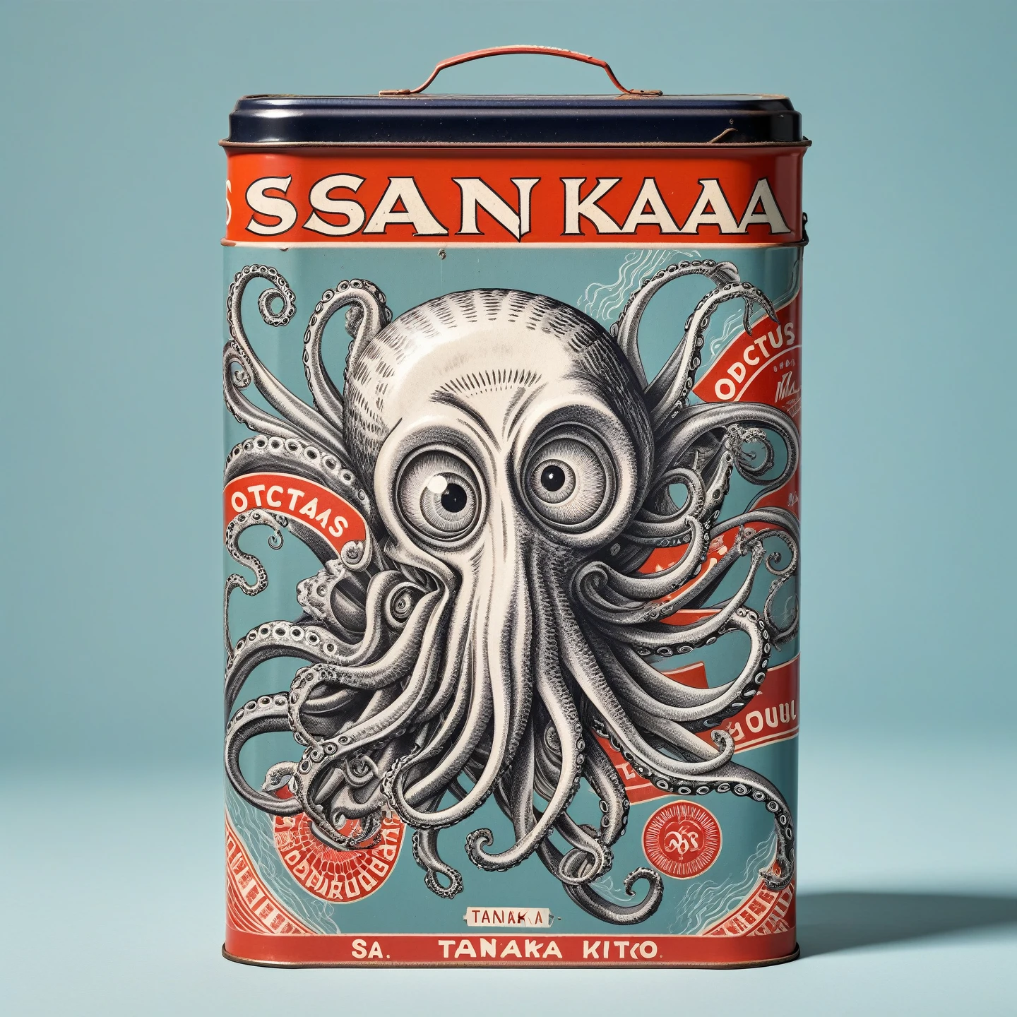 Human with octopus head in traditional flat sardine tin, logo, Tanaka Ikko, fl4tstyle3, modernist.
