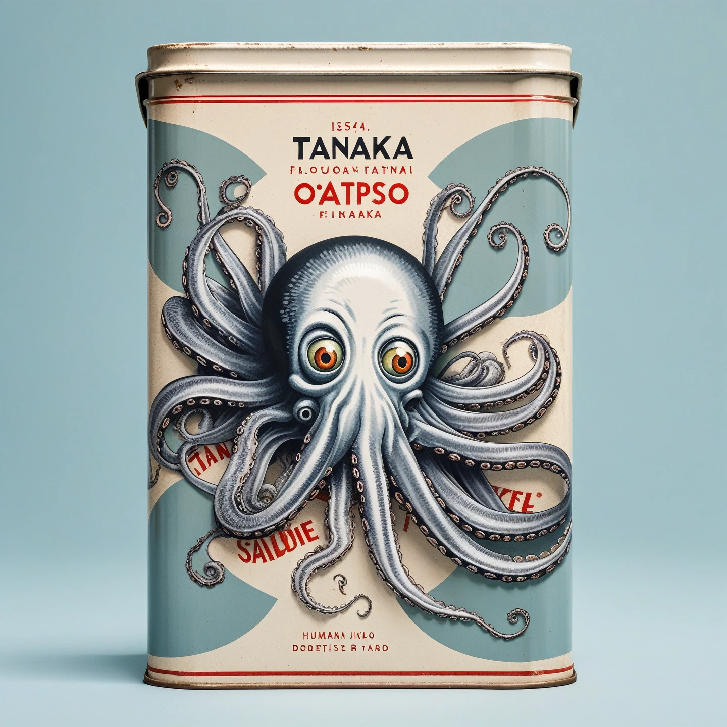 Human with octopus head in traditional flat sardine tin, logo, Tanaka Ikko, fl4tstyle3, modernist.