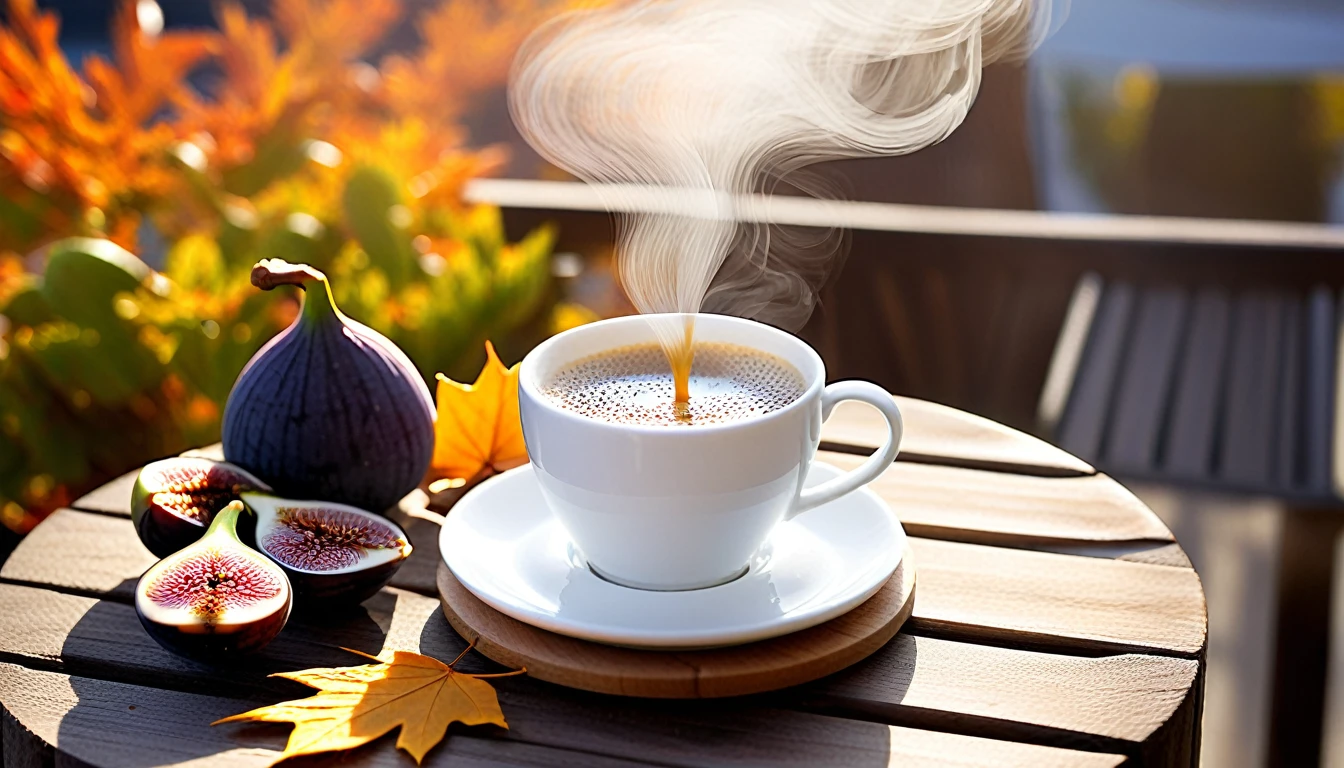 Create an image of a cozy autumn atmosphere morningby featuring a steaming white cup with american imageon the cup on a wooden coaster. The cup is adorned with a design of fallen leaves that matches the orange leaves scattered around it. Ripe and cut figs lie nearby, and the scene is illuminated by the warm light of the morning sun, which hints at a peaceful morning atmosphere. This atmosphere is enhanced by the potted plants that add to the serene atmosphere. and the washinton in the background.