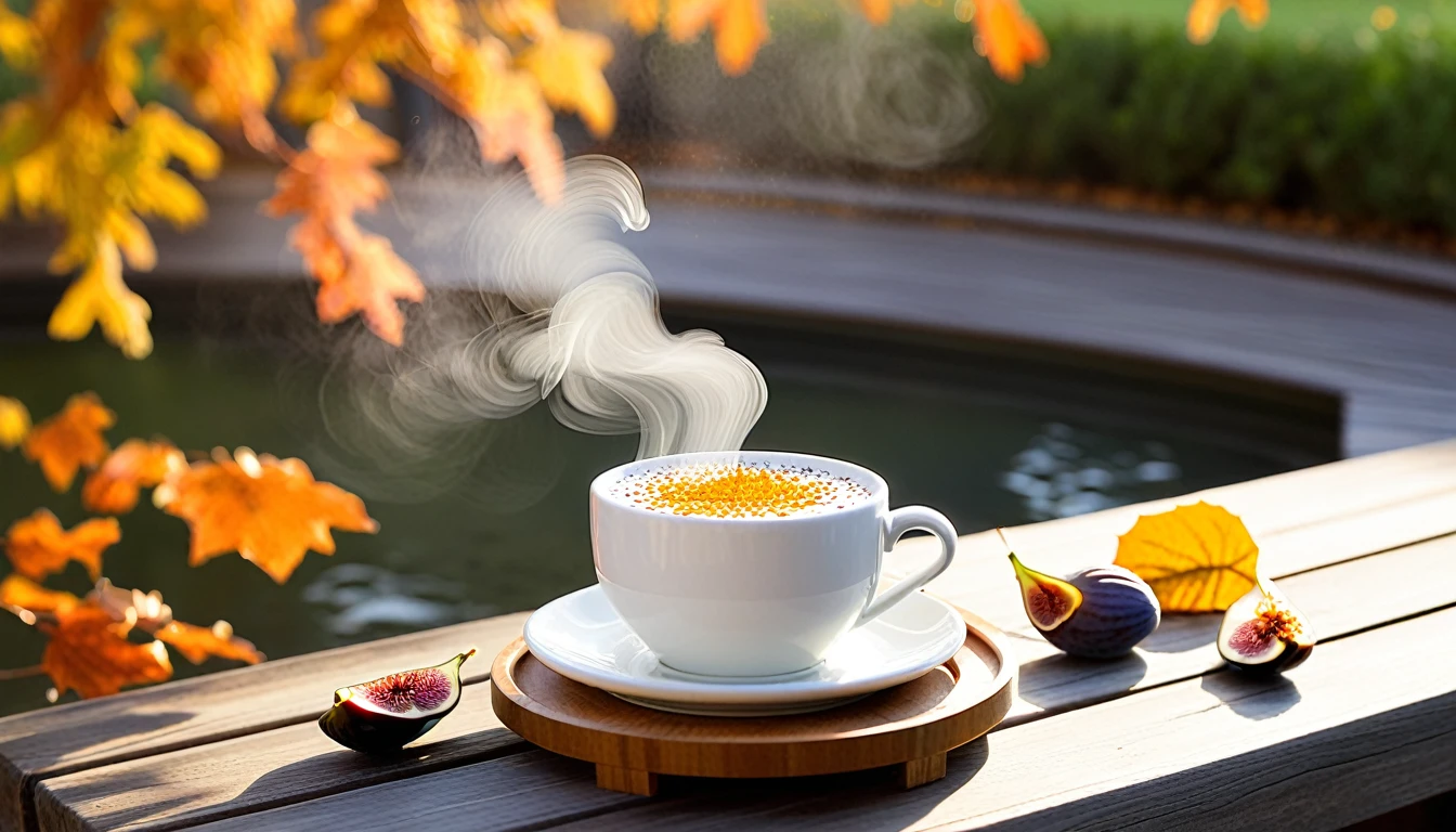 Create an image of a cozy autumn atmosphere morningby featuring a steaming white cup with american imageon the cup on a wooden coaster. The cup is adorned with a design of fallen leaves that matches the orange leaves scattered around it. Ripe and cut figs lie nearby, and the scene is illuminated by the warm light of the morning sun, which hints at a peaceful morning atmosphere. This atmosphere is enhanced by the potted plants that add to the serene atmosphere. and the washinton in the background.