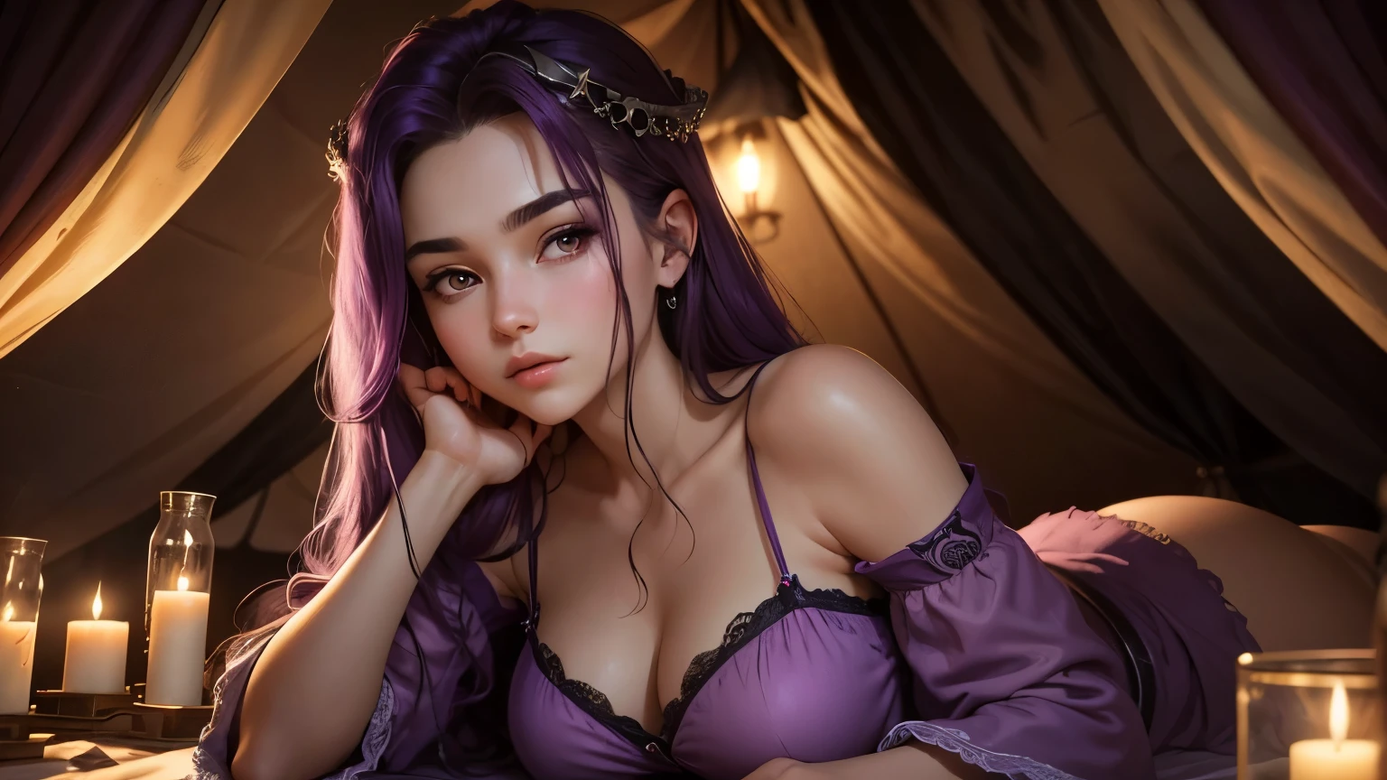 Zerg Queen Beautiful Girl: Lanlinger, 18 years old, with messy dark purple hair, depicted in an oil painting style. She has a beautiful perfect face, soft skin, with light violet and red hues added. Lanlinger is wearing a dark purple nightgown and is lying down inside a tent, getting ready to sleep. The background inside the tent is cozy and dimly lit, with a mysterious and magical ambiance. The image should capture the essence of a masterpiece with complex details in 8k resolution