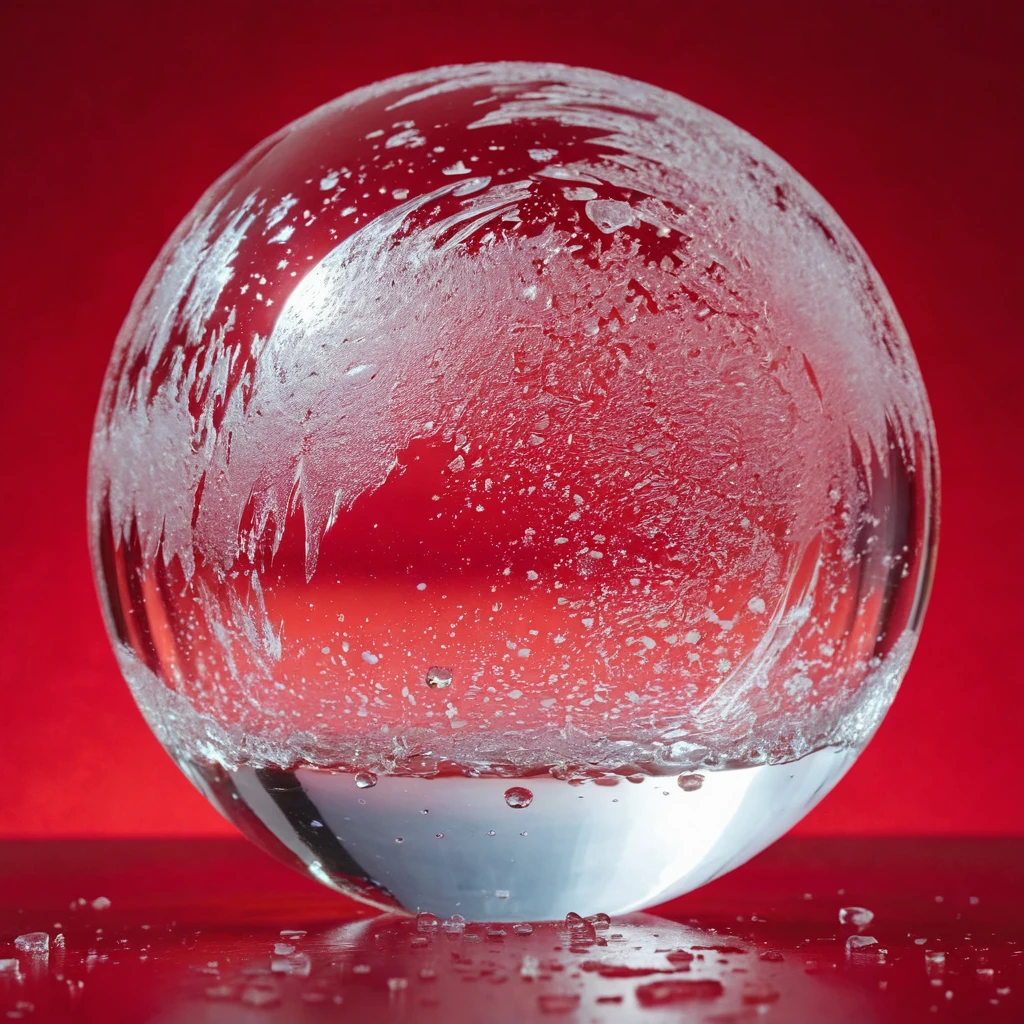Generates a perfect ice sphere in the foreground, on a flat red background