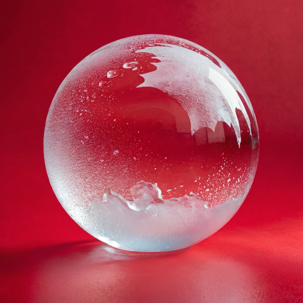 Generates a perfect ice sphere in the foreground, on a flat red background