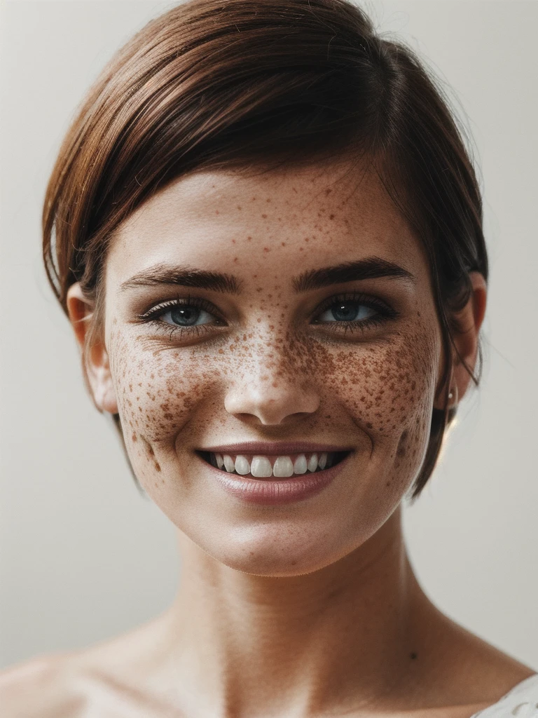 beautiful lady, (freckles), big smile, ruby eyes, short hair, dark makeup, hyperdetailed photography, soft light, head and shoulders portrait, cover