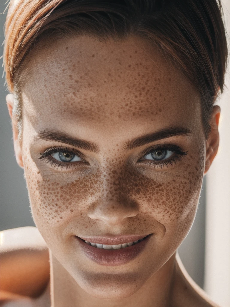 beautiful lady, (freckles), big smile, ruby eyes, short hair, dark makeup, hyperdetailed photography, soft light, head and shoulders portrait, cover