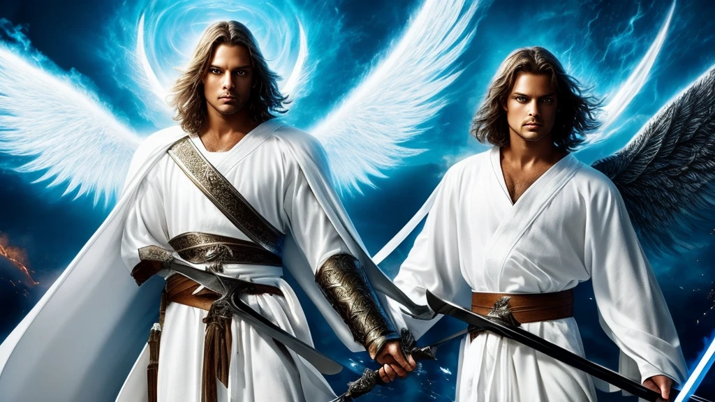 angel in white robes holding sword, angel realisa, burning eyes.