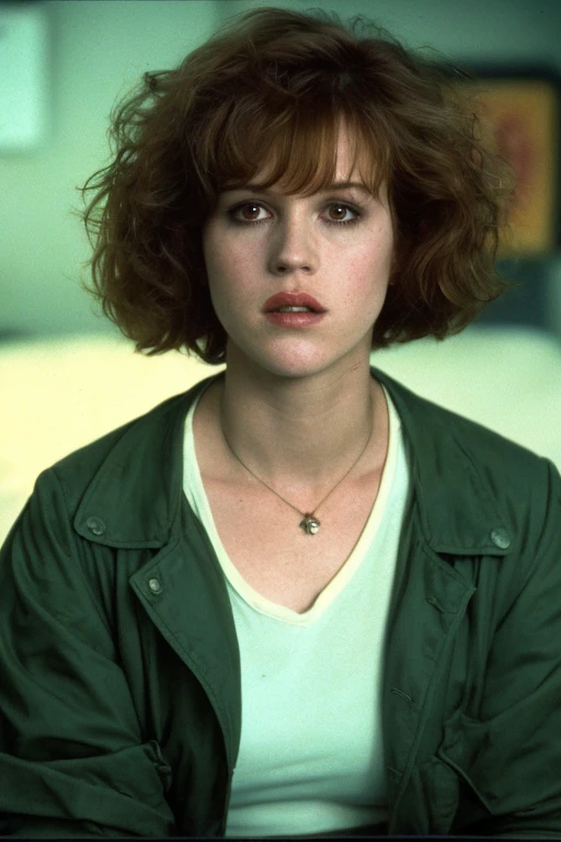 Full shot of eighteen-year-old Molly Ringwald, messy/shaggy razored/layered bob haircut with sideswept bangs, bags under eyes, exhausted eyes, undershadowed eyes, with copper pocketwatch necklace, wearing dark green jacket with sleeves rolled up, white tank top and jeans, extremely realistic, extremely detailed, extreme realism, extreme detail, extremely accurate resemblance, scene from 1986 psychological sci-fi horror film, directed by Michael Mann, cinematography by Dante Spinotti, muted color scheme, muted color palette, neo-noir, tech-noir, atmospheric, moody, Manhunter (1986) influenced, Thief (1981) influenced, bedhead, unkempt hair, insomniac, dark circles under eyes, brooding anti-heroine, cult classic, cult film, complex, elaborate, masterpiece, underlit, dark, cinematic
