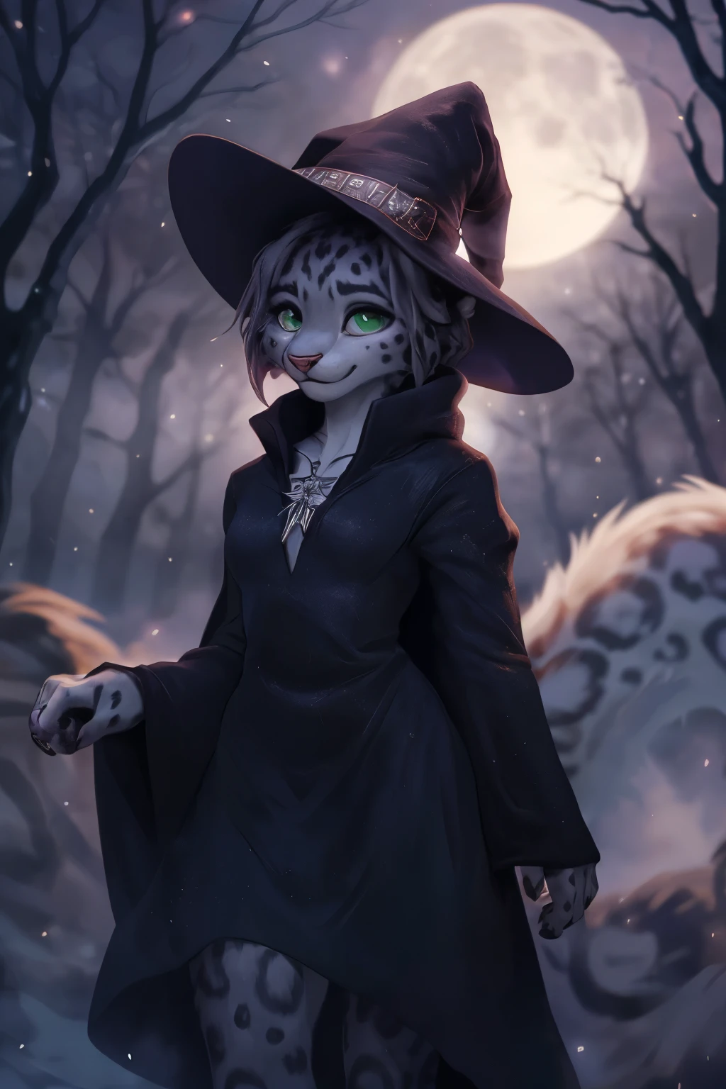 detailed background, dark and eerie forest, fog rolling through the trees, snow-covered ground, full moon shining brightly in the sky, a clearing with scattered leaves and pumpkins, a((slim and graceful)(snow leopard:1.2))female standing tall in her witch costume, (black dress adorned with silver stars), (pointy hat with a wide brim), (long flowing cloak trailing behind her), (sharp claws on her fingertips), (piercing green eyes sparkling with mischief), ((delicate pink nose:1.1)peeking out from under her witch hat), (playful smile revealing sharp fangs), detailed fur markings resembling mystical patterns on her body, (confident stance), (half-body view)