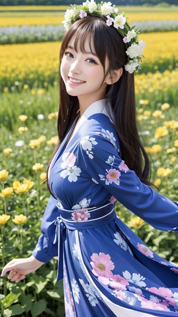 Having long flowing hair、Very Beautiful Japan Woman。She is wearing a stylish dress and a flower crown.、She has striking bluish-black eyes and a bright smile.、Dancing happily。The background is a flower field in full bloom。
The image style is realistic.、It adds a touch of glamour.。