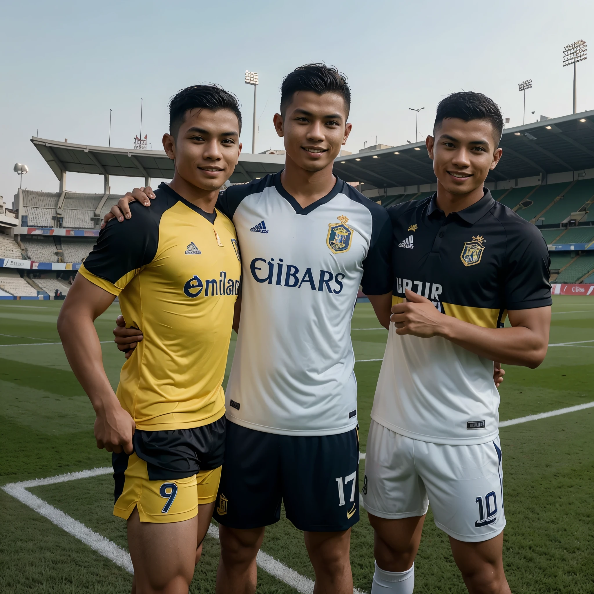 Photo of a 25 year old Indonesian man with neat short hair, wearing a al nassrr football club uniform, while standing next to the football player Ronaldo CR7 who is also wearing a al nassrr jersey, with a happy smile, with the al nassrr stadium in the background. original photo