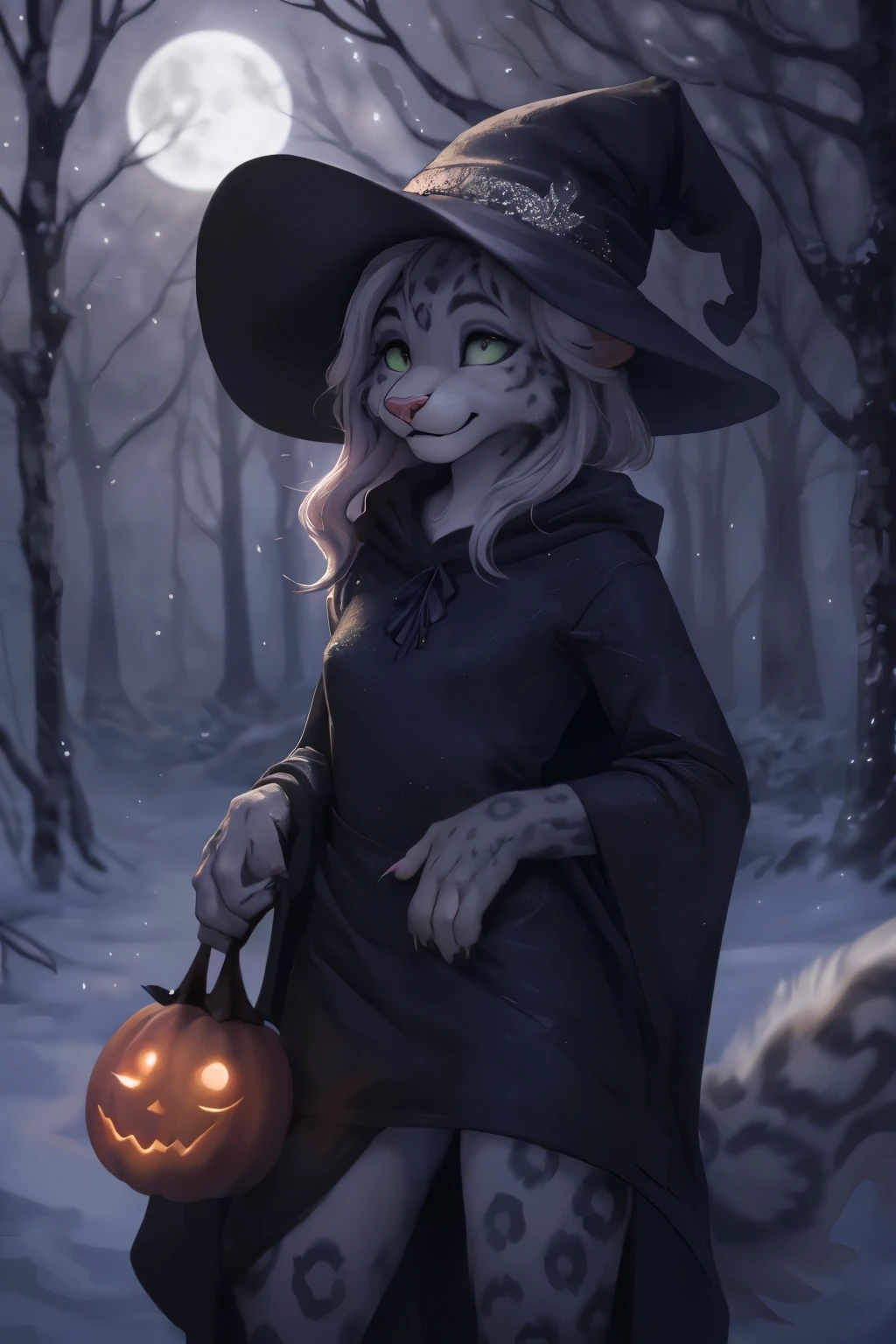detailed background, dark and eerie forest, fog rolling through the trees, snow-covered ground, full moon shining brightly in the sky, a clearing with scattered leaves and pumpkins, a((slim and graceful)(snow leopard:1.2))female standing tall in her witch costume, (black dress adorned with silver stars), (pointy hat with a wide brim), (long flowing cloak trailing behind her), (sharp claws on her fingertips), (piercing green eyes sparkling with mischief), ((delicate pink nose:1.1)peeking out from under her witch hat), (playful smile revealing sharp fangs), detailed fur markings resembling mystical patterns on her body, (confident stance), (half-body view)