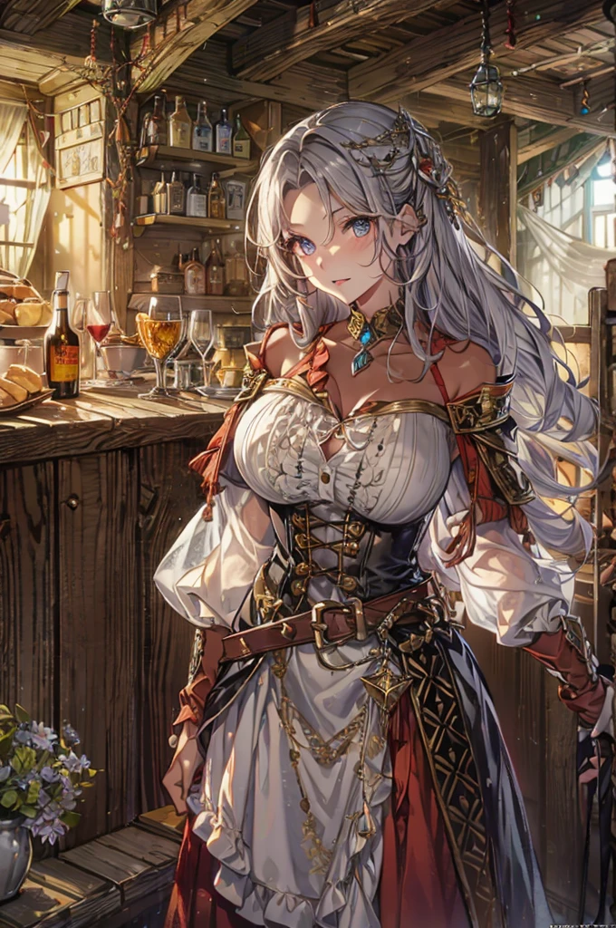 1girl, solo, mature woman, [white shirt: red dress], simple pattern clothing, long curvy messy hair, silver hair, glowing ruby colored eyes, ((beautiful face)), detailed face, detailed eyes, perfect anatomy, collar bone, (off shoulder), necklace, secluded old tavern, dawning lighting, POV, medieval theme, pretty lips, gentle expression, tavern owner, illustration, 8k, super details, award winning, high res