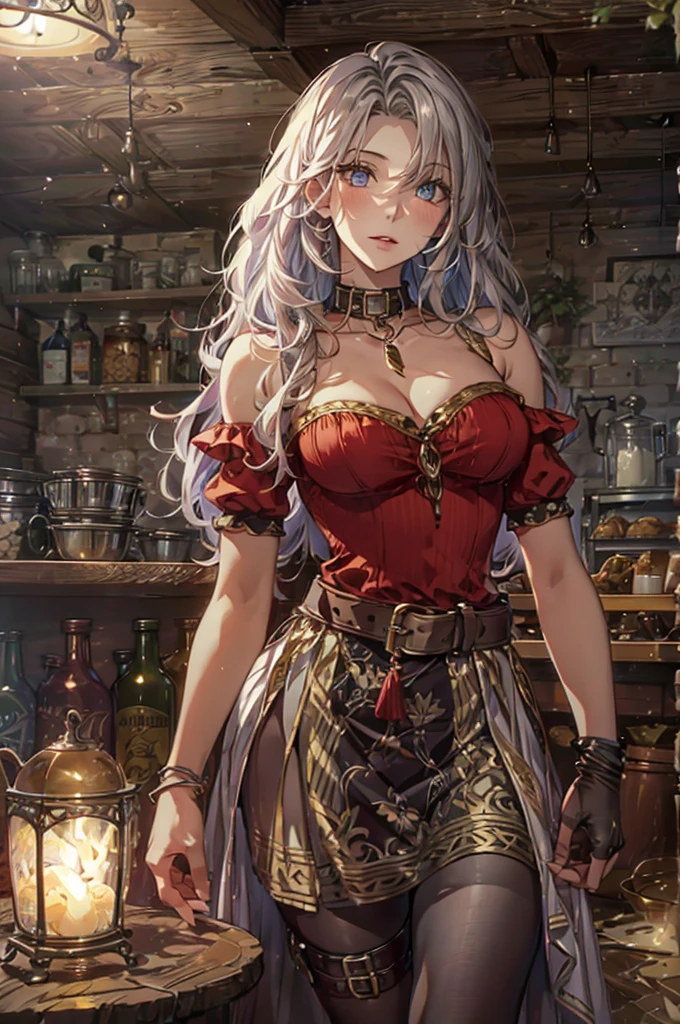 1girl, solo, mature woman, [white shirt top: red dress under], simple pattern clothing, long curvy messy hair, silver hair, glowing ruby colored eyes, ((beautiful face)), detailed face, detailed eyes, perfect anatomy, collar bone, (off shoulder), (bare neck), leather high boots, secluded old tavern, dawning lighting, POV, medieval theme, pretty lips, (gentle welcoming), tavern owner, illustration, 8k, super details, award winning, high res