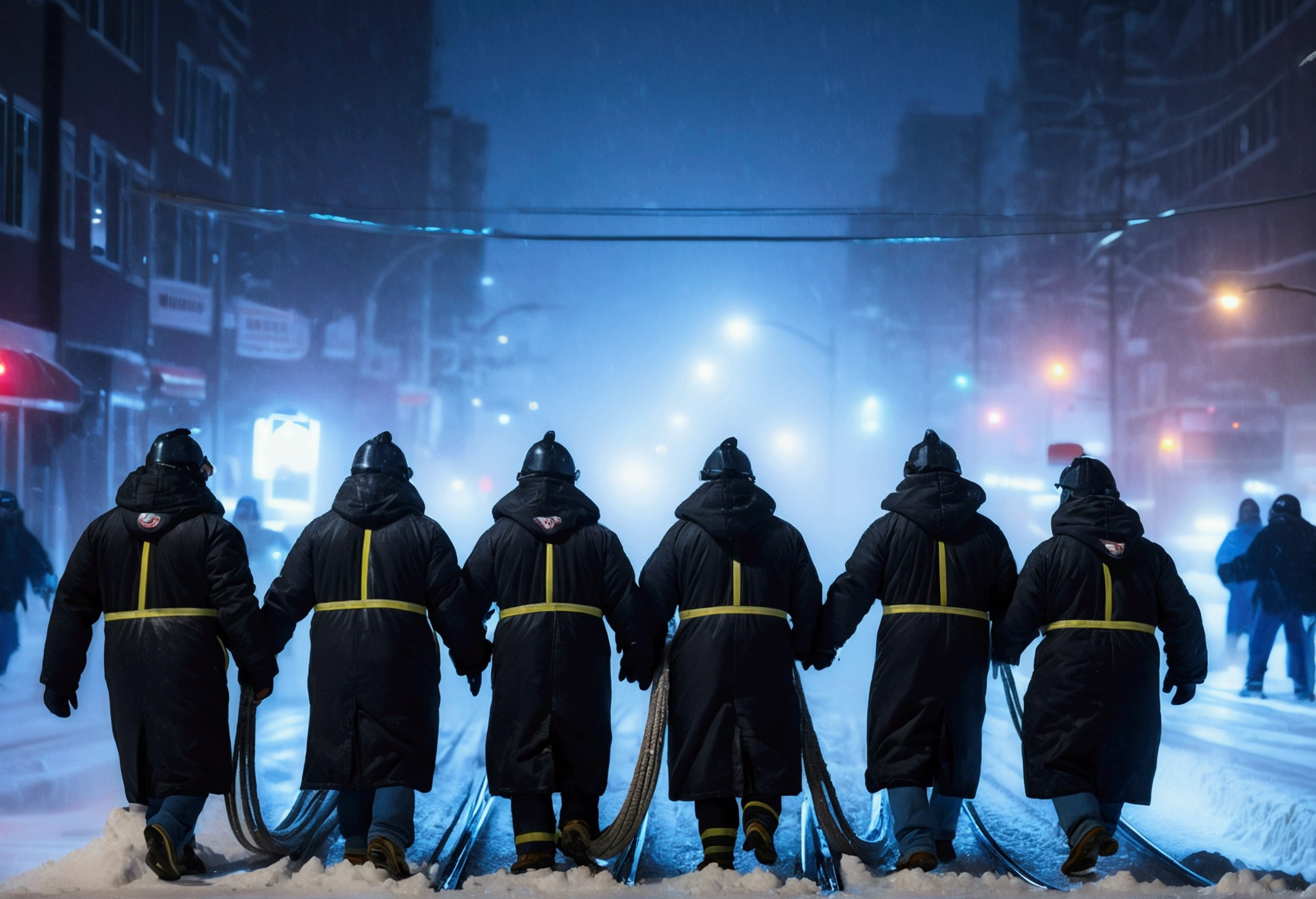 A group of Asian workers wearing blue helmets are pulling a huge pipeline forward with ropes. The background is a city street in heavy snow (wearing a black cotton coat: 1.5), (late night, night, night view, lighting: 1.5) (blizzard, blizzard: 1.5), (bird's-eye view, overhead: 1.5)