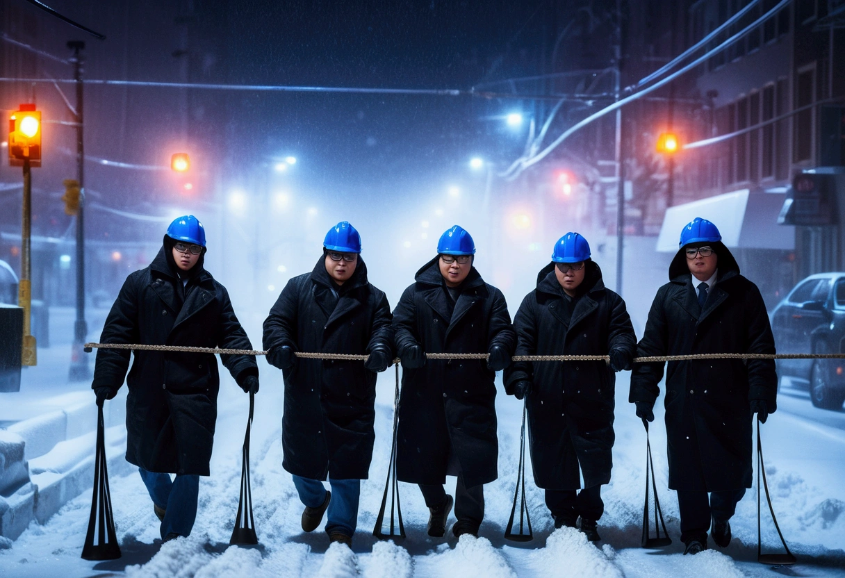 A group of Asian workers wearing blue helmets are pulling a huge pipeline forward with ropes. The background is a city street in heavy snow (wearing a black cotton coat: 1.5), (late night, night, night view, lighting: 1.5) (blizzard, blizzard: 1.5), (bird's-eye view, overhead: 1.5)
