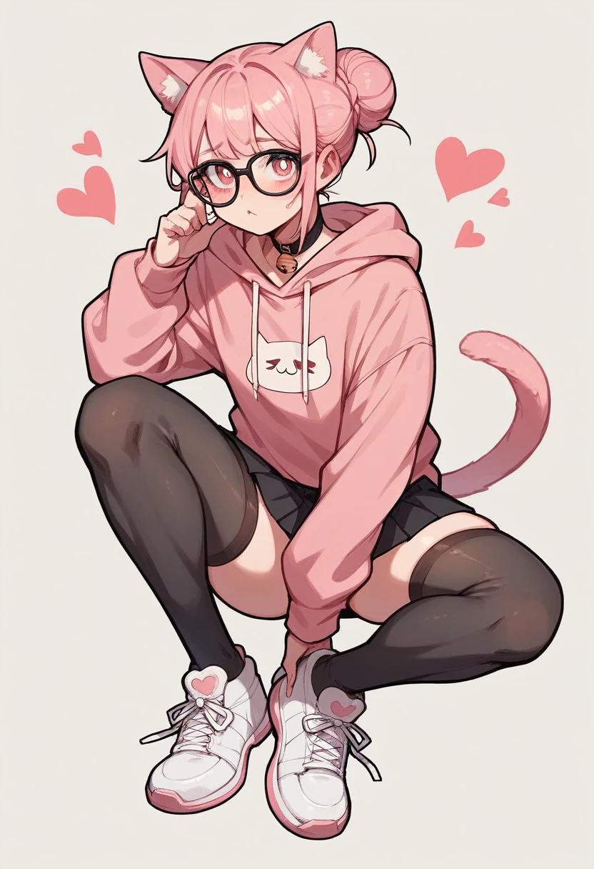I have white pink hair, cat ears, a bun, my face is super blushing, black glasses, pink heart eyes, a big pink sweatshirt, a black skirt, black stockings, white shoes, a cat's tail, a girl. Very shy