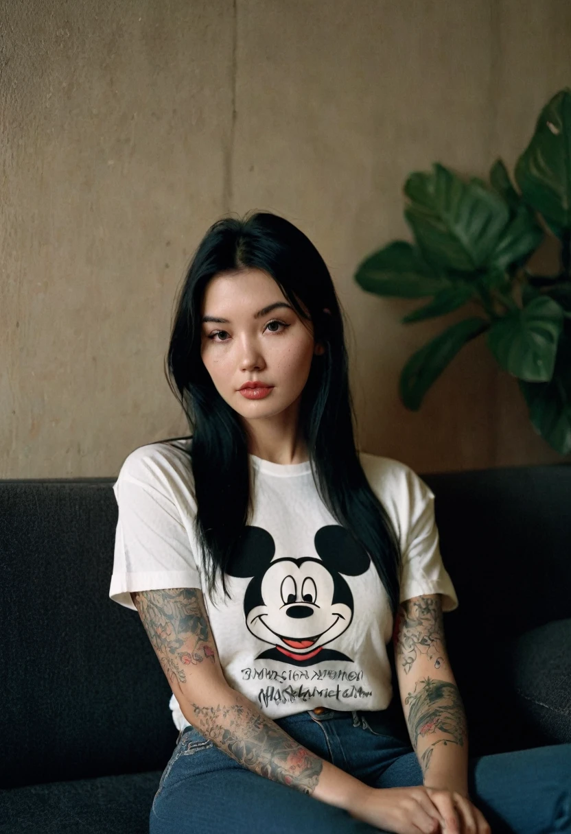 [[highly detailed face]], [[goddess face]], 90s, young woman. An Yakuza girl, oversized white Mickey Mouse t shirt and black denim pants, full body image, she is covered in tattoos, long black hair, arrogant pose, lounging on a sofa, high quality images, unreal engine, perfect skin texture, goddess face, photo depth of field, shadows, grainy, seductive analog lofi (by Oleg Oprisco Laura Makabresku), wall, dimly lit, potted plant
