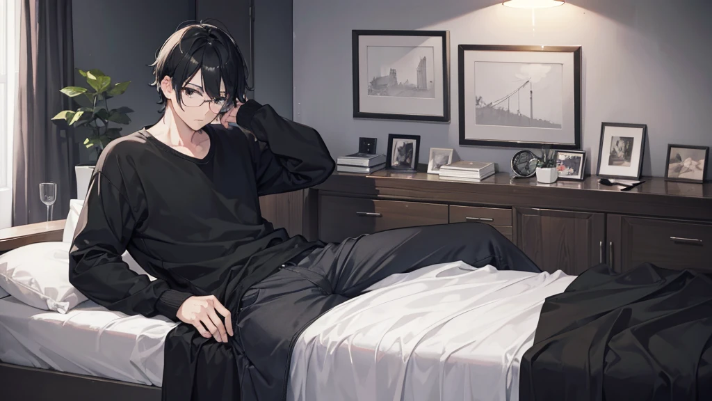 young man, black hair, black eyes, glasses, casual clothes, bedroom, quiet, gloomy, introvert