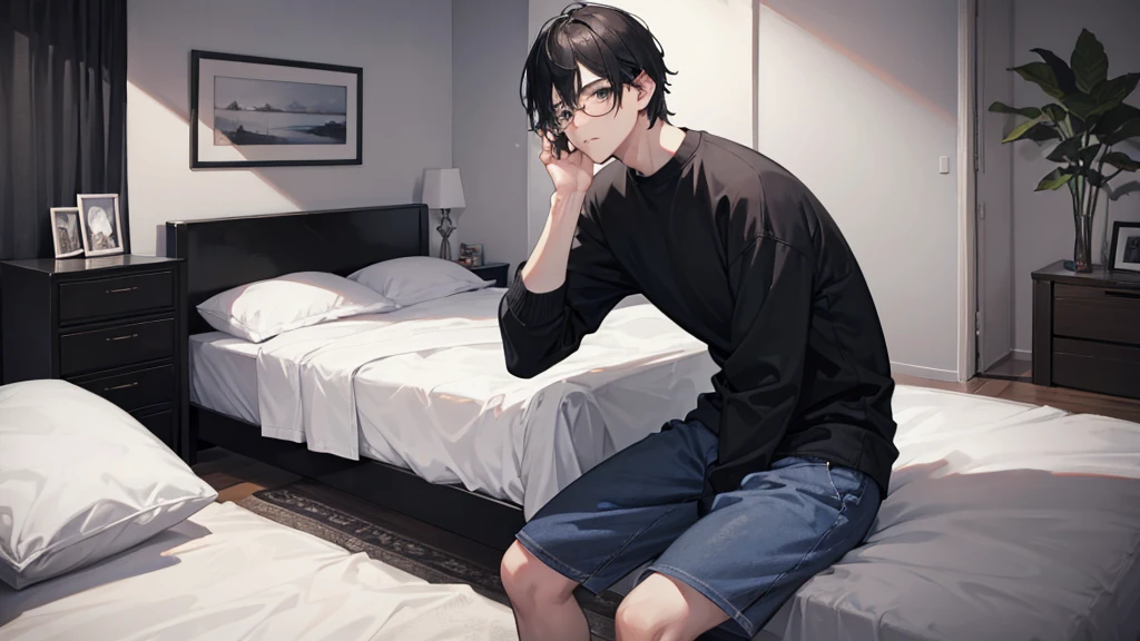 young man, black hair, black eyes, glasses, casual clothes, bedroom, quiet, gloomy, introvert