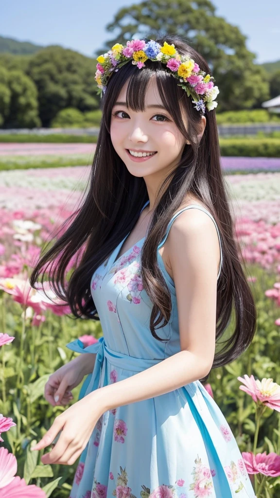 Having long flowing hair、Very Beautiful Japan Woman。She is wearing a stylish dress and a flower crown.、She has striking bluish-black eyes and a bright smile.、Dancing happily。The background is a colorful flower field。
The image style is realistic.、It adds a touch of glamour.。