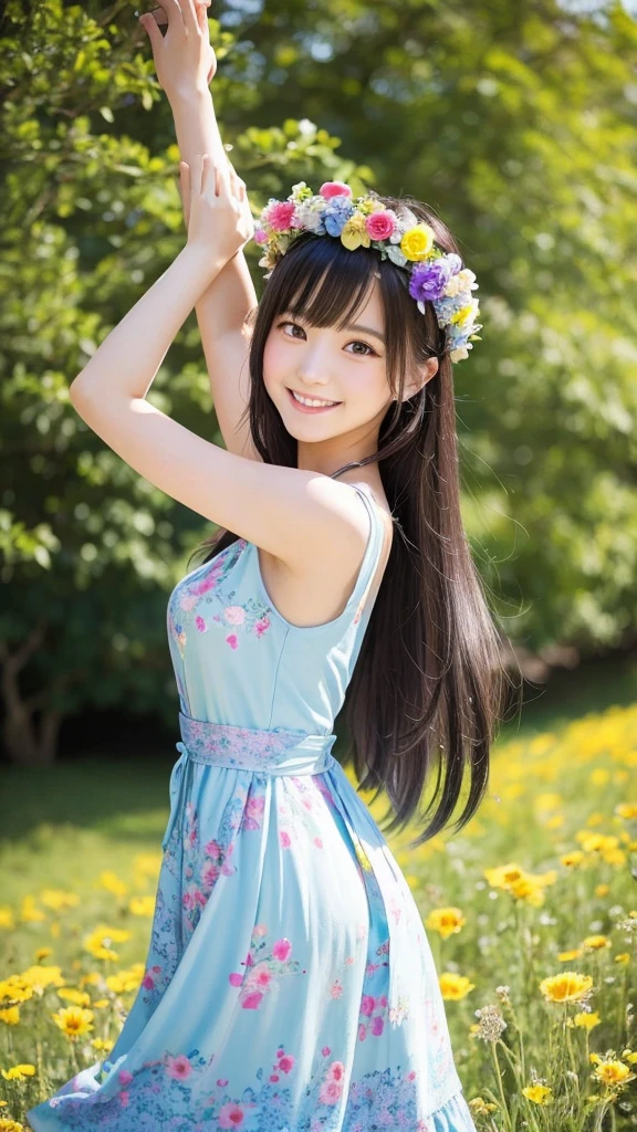 Having long flowing hair、Very Beautiful Japan Woman。She is wearing a stylish dress and a flower crown.、She has striking bluish-black eyes and a bright smile.、Dancing happily。The background is a colorful flower field。
The image style is realistic.、It adds a touch of glamour.。