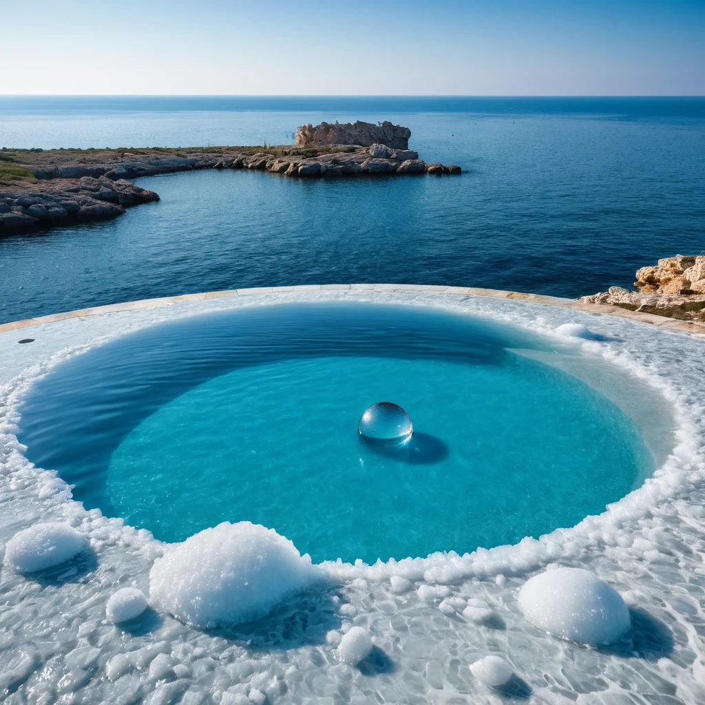 Generates a perfect ice sphere in the foreground, on a flat pool bottom on the Mediterranean coast
