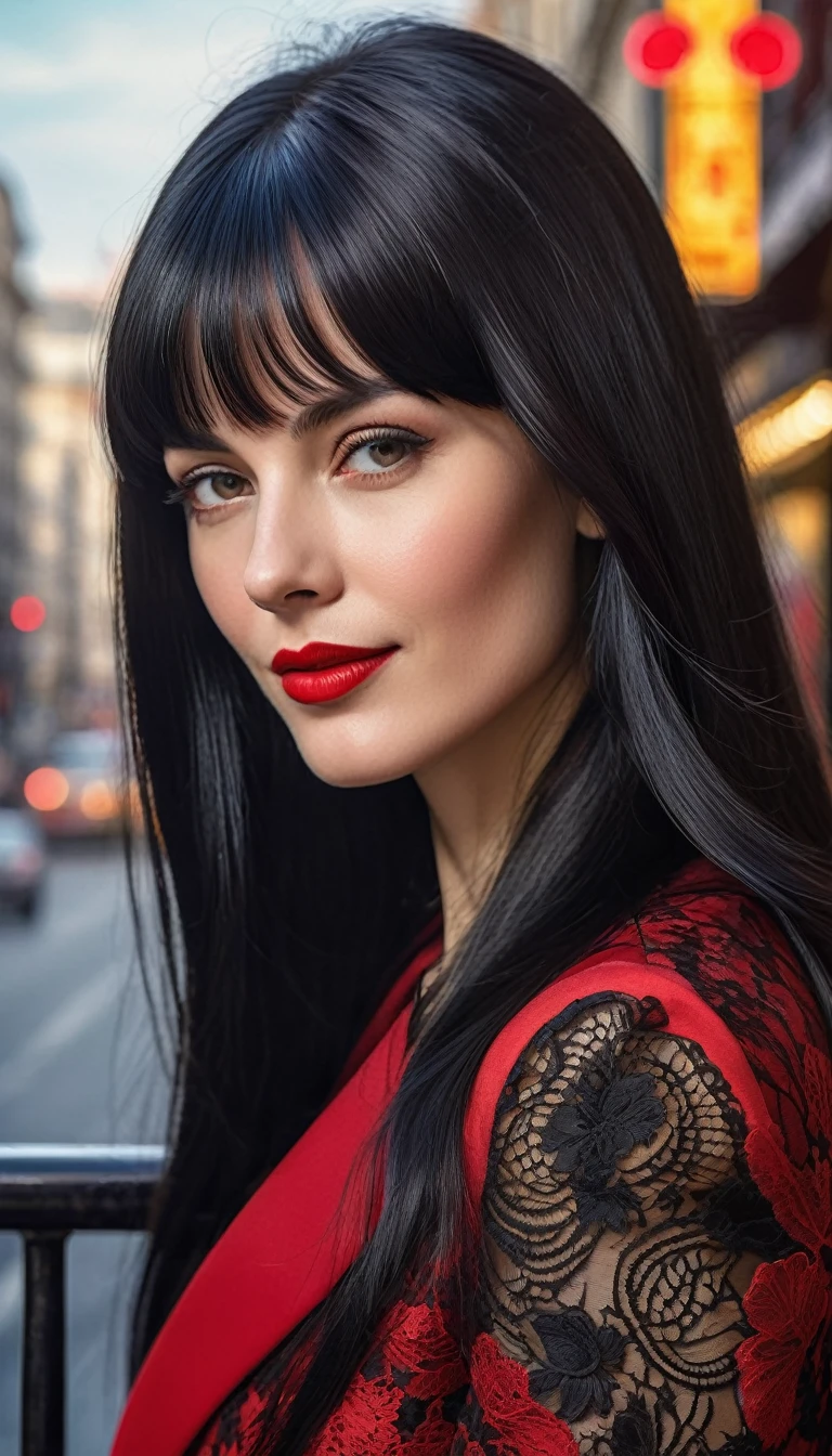 High-quality realistic acrylic art, vivid colors, lateral point of view, a beautiful vintage european woman with long black straight hair, bangs, looking at the viewer with suspicious face and a shy smile, red lips, she wears silk lace black suit, tight lace gloves, big city background