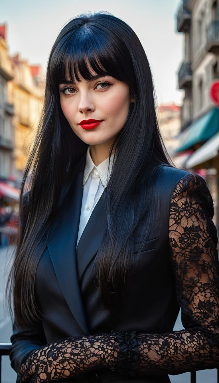 High-quality realistic acrylic art, vivid colors, lateral point of view, a beautiful vintage european woman with long black straight hair, bangs, looking at the viewer with suspicious face and a shy smile, red lips, she wears silk lace black suit, tight lace gloves, big city background