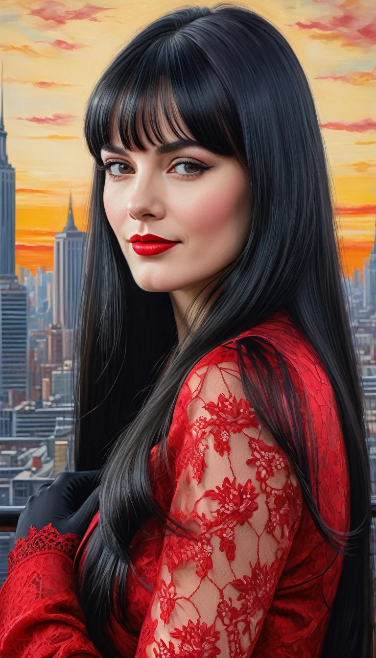 High-quality realistic acrylic art, vivid colors, lateral point of view, a beautiful vintage european woman with long black straight hair, bangs, looking at the viewer with suspicious face and a shy smile, red lips, she wears silk lace black suit, tight lace gloves, big city background