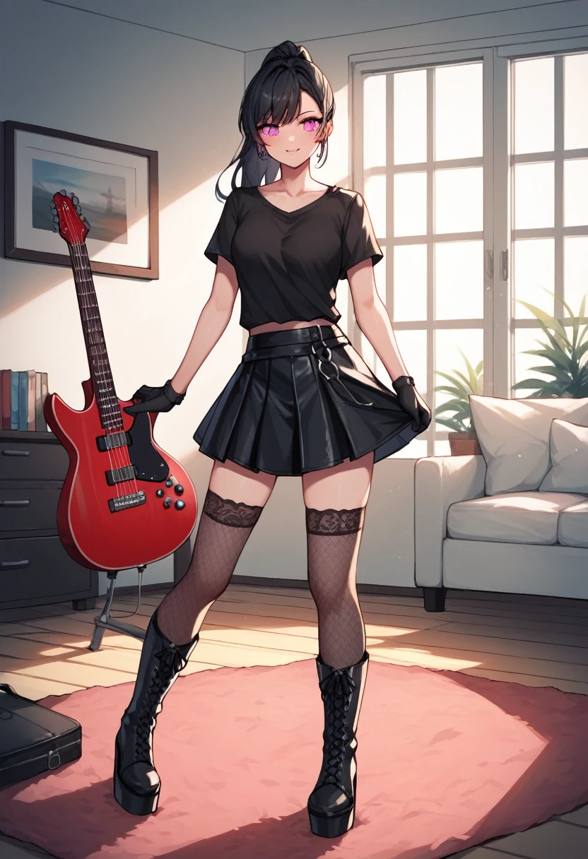 score_9, score_8_up, score_7_up, score_6_up, score_5_up, score_4_up, source_anime, 1woman, worth, полный рост, чокер, black hair, ponytail, pink eyes, clean hair, black shirt, leather skirts, plaid stockings, lace-up boots, platforms, electric guitar, колонки, шнур, подключение к колонкам, carpet, leather gloves up to the elbows, rooms, best quality, best res, 4K UHD,
 