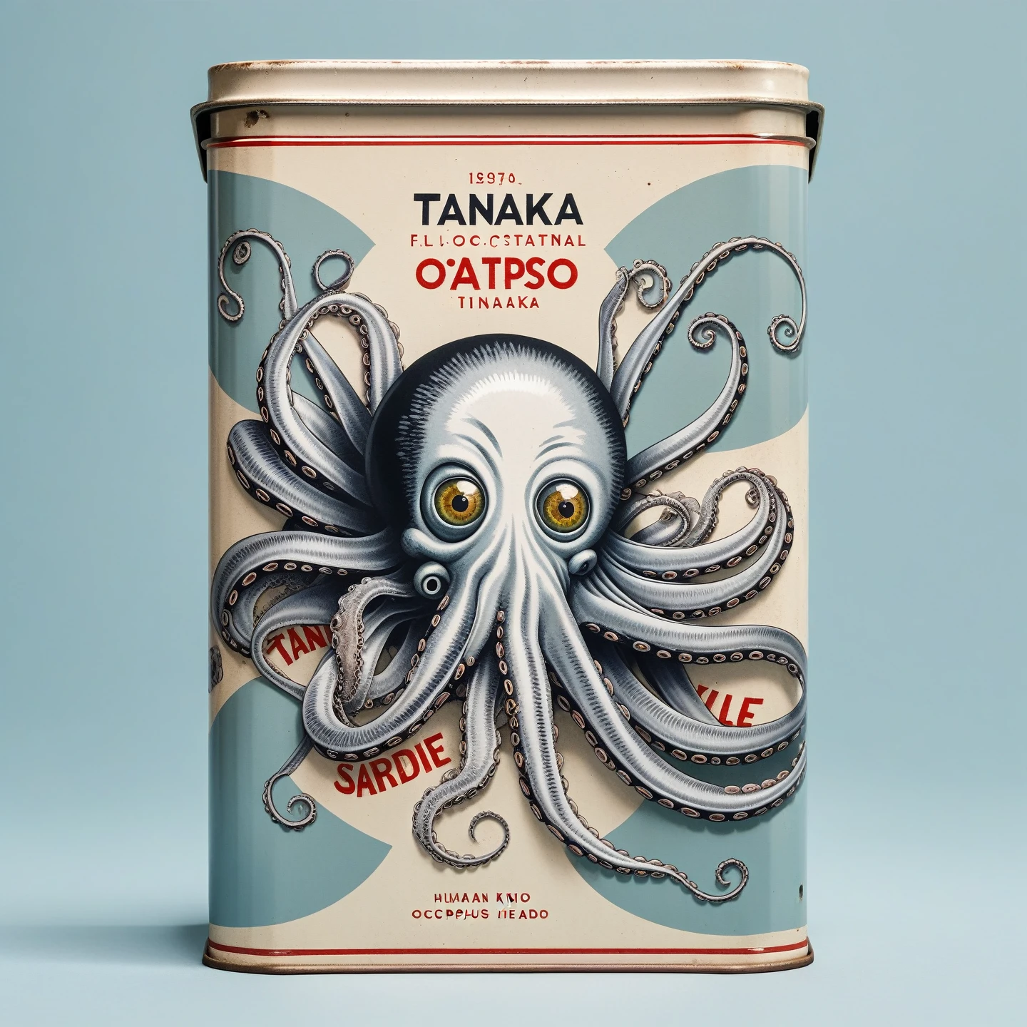 Human with octopus head in traditional flat sardine tin, logo, Tanaka Ikko, fl4tstyle3, modernist.