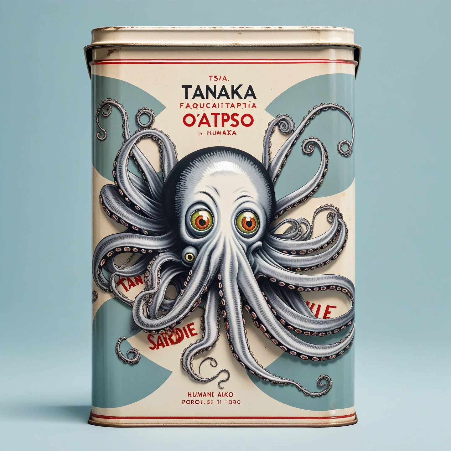 Human with octopus head in traditional flat sardine tin, logo, Tanaka Ikko, fl4tstyle3, modernist.