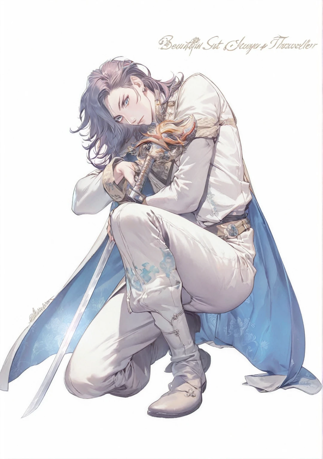 Close-up of a person sitting on the ground holding a sword, Beautiful androgynous prince, A delicate androgynous prince, Kashmir Art, Handsome men from Demon Slayer, Boris Vallejo. octopath traveler, picture of a male cleric, shigenori soejima illustration, Official character art, Tall anime guy with blue eyes