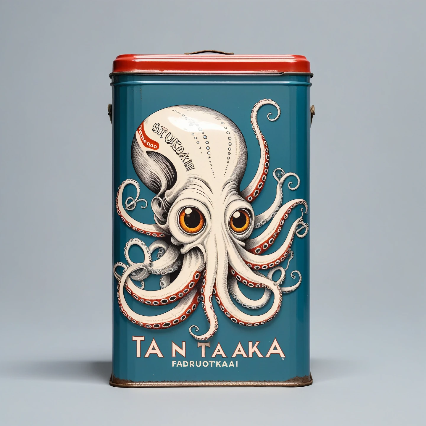 Human with octopus head in traditional flat sardine tin, logo, Tanaka Ikko, fl4tstyle3, modernist.