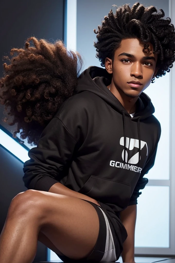 create a dark-skinned character with curly hair, brown eyes and a fit body, wearing a hoodie and a gamer style, with a gamer background