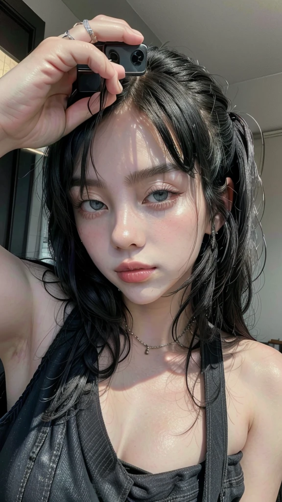 Close-up of a woman wearing a black top and jeans, Beautiful young Korean woman, korean girl, sexy look at the camera, beautiful south korean woman, sexy look, she is about 20 years old, she is about 2 0 years old, good young girl, chica sexy, Attractive Pose, 2 4 year old female model, she is about 2 5 years old