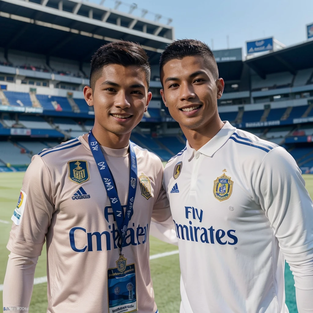 Photo of a 25 year old Indonesian man with neat short hair, wearing a al nassrr football club uniform, while standing next to the football player Ronaldo CR7 who is also wearing a al nassrr jersey, with a happy smile, with the al nassrr stadium in the background. original photo