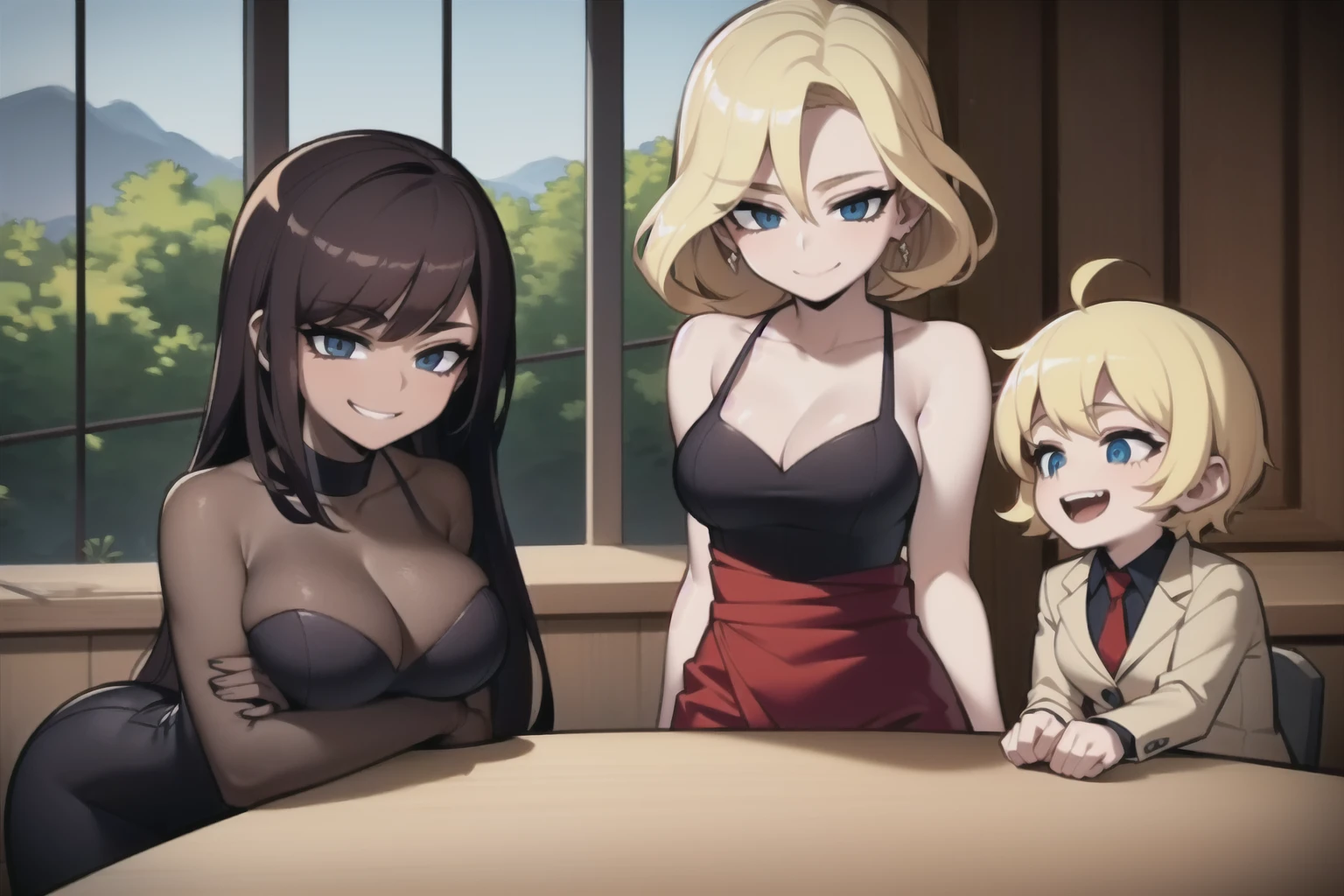 three sexy women looking down at 4 years old boy with blonde hair, looking at camera, seductive smiles, various hair, full body
