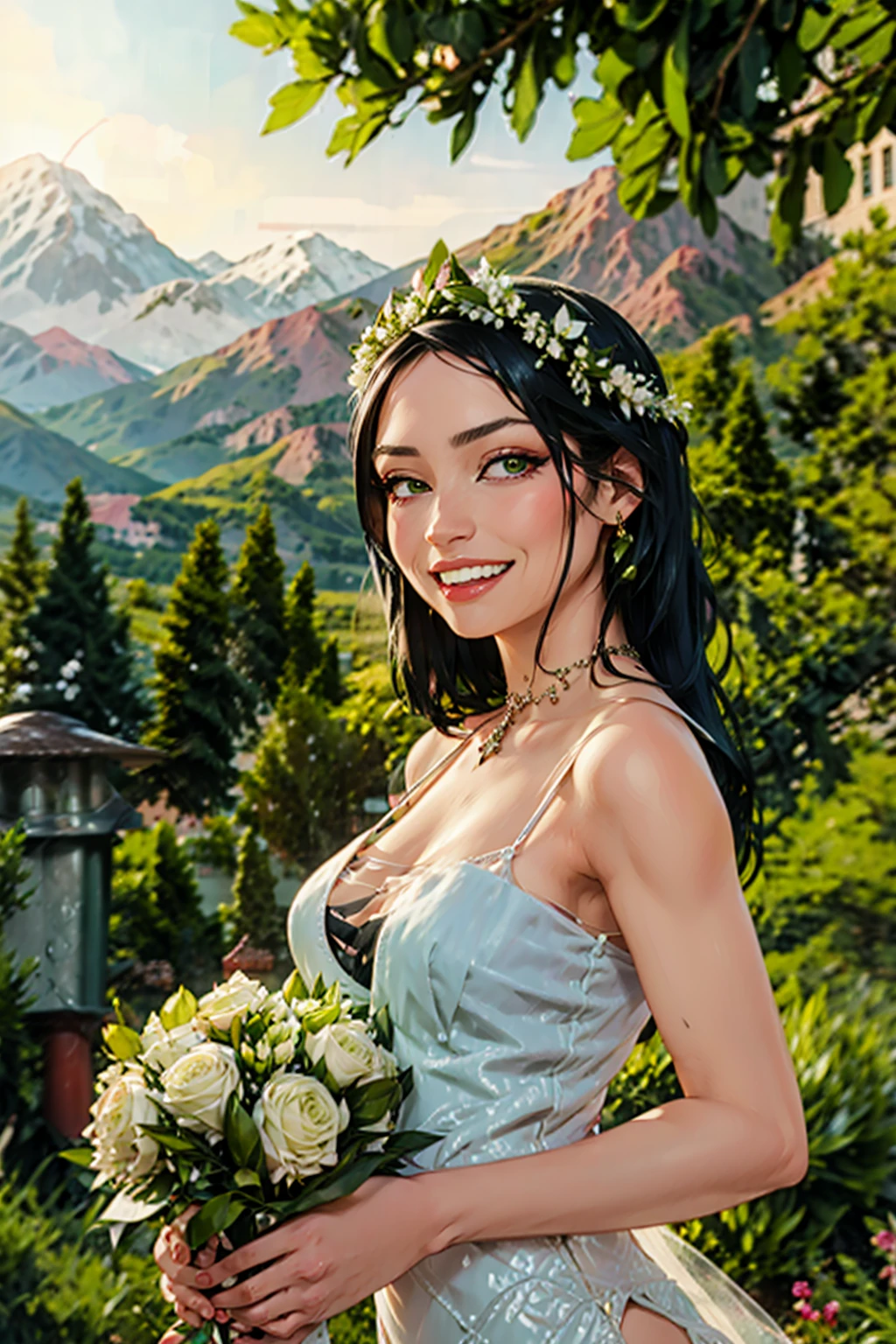 a beautiful woman with long black hair, green eyes, smiling, a portrait of happiness, woman wearing a wedding dress, garden wedding background, mountains in the distance, sexy, escote, vista de cuerpo entero, mujer casandose, ambiente luminoso, de jubilo, alegria