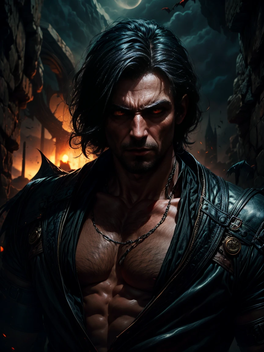 In the foreground, vampire warrior, a seductive man with an enigmatic and treacherous look, black har, a full back image looking at the camera. ancient and biblical vertigo. hyper realistic, cinematic, vampire, 血