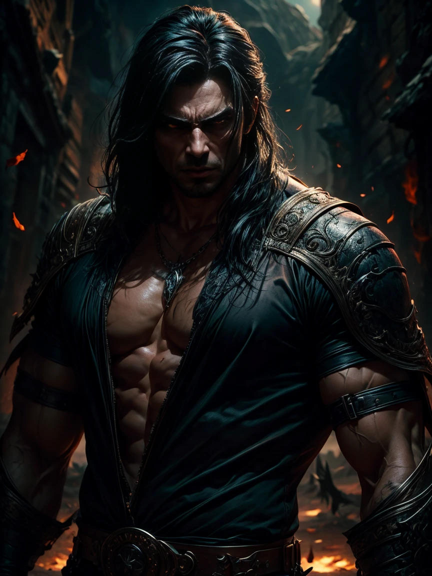 In the foreground, vampire warrior, a seductive man with an enigmatic and treacherous look, black har, a full back image looking at the camera. ancient and biblical vertigo. hyper realistic, cinematic, vampire, 血