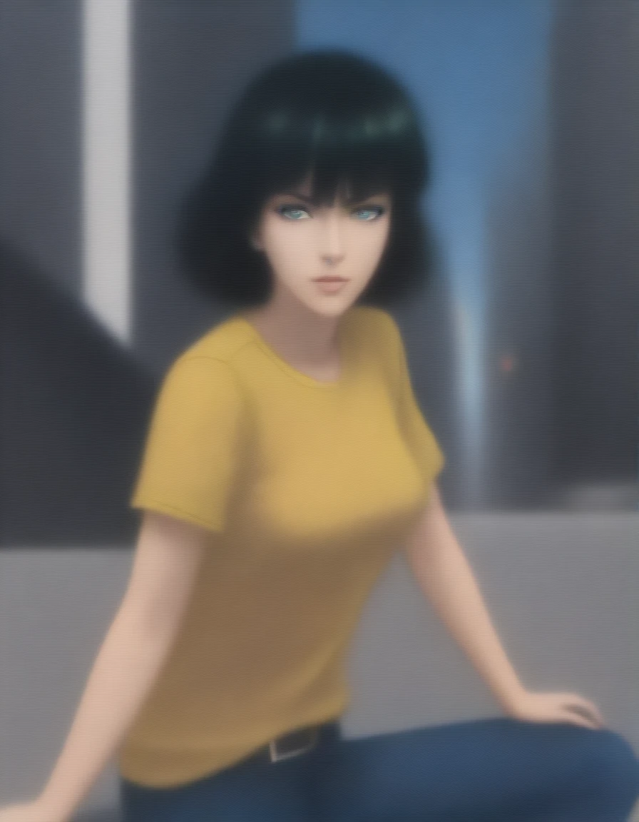 Masterpiece , highly detailed , best quality , perfect face , green eyes , fubuki , wearing short sleeves yellow printed t-shirt and blue jeans , in city , handcuffed behind back by female police officer , looking at camera , standing still 