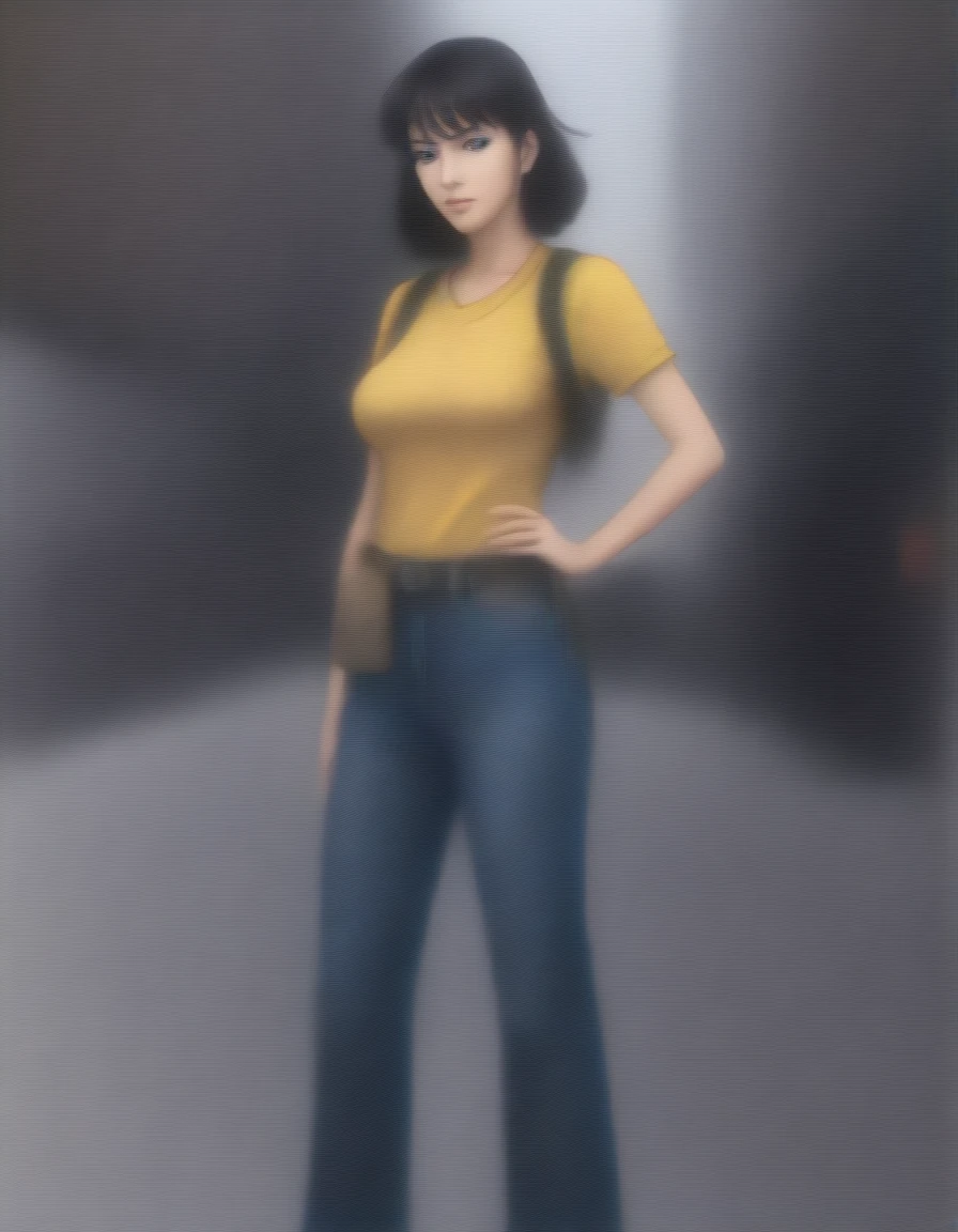 Masterpiece , highly detailed , best quality , perfect face , green eyes , fubuki , wearing short sleeves yellow printed t-shirt and blue jeans , in city , handcuffed behind back by female police officer , looking at camera , standing still 