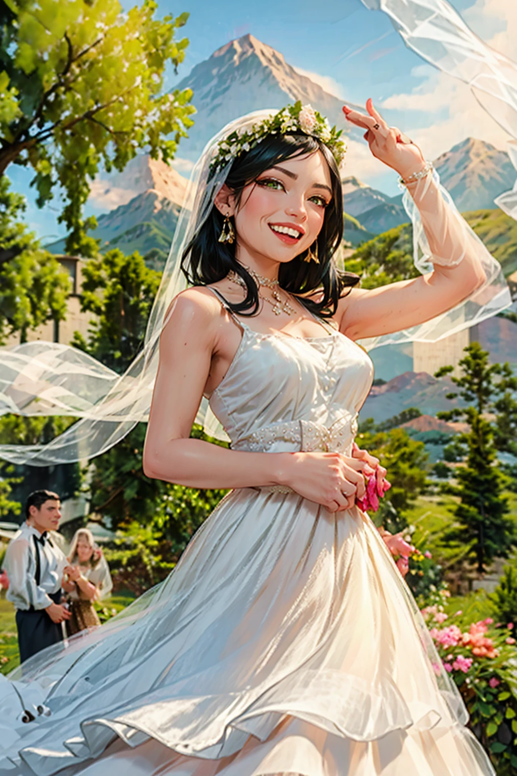 a beautiful woman with long black hair, green eyes, smiling, a portrait of happiness, woman wearing a wedding dress, garden wedding background, mountains in the distance, sexy, escote, vista de cuerpo entero, mujer casandose, ambiente luminoso, de jubilo, alegria