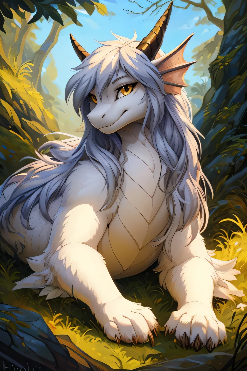 ultra-detailed, masterpiece, masterwork, high quality, best quality, hdr, posted on e621, (by hioshiru), nature, nsfw, female, (white little body dragon), hairy dragon, (long silver hair, yellow eyes, detailed eyes, white chubby body), lying, (nude), front view, dynamic angle