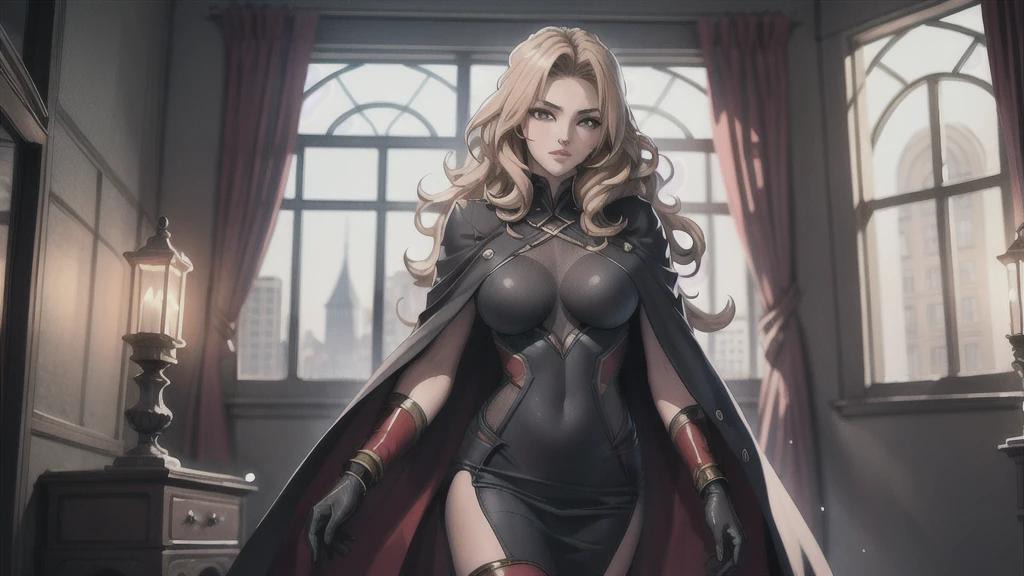 1girl,Alicia Viewsrtream, blonde hair, wavy hair, long hair, red eyes,red lips,red impossible clothes,red elbow gloves,red thigh boots,cape,incredibly absurdres,thighs,realistic,reality,hetero, best quality:1.4, intricate details, sharp focus, highres, elaborate atmosphere:0.90, 8K, 4K, UHD, 32k UHD resolution, Ultra Detailed 8K CG, ultra high res, High quality texture, High quality shadows, vivid colors, detailed eyes, depth of field, soft lighting, masterpiece, best quality, intricate, (lens reflection: 0.7), (flowering: 0.7), particle effects, ray tracing, tone mapping, highly detailed, smooth, sharp focus, highly detailed art, Oda Non style, 8K,  (highly detailed background: 1.2), oda non style, indoors, palace, lights, windows, day,