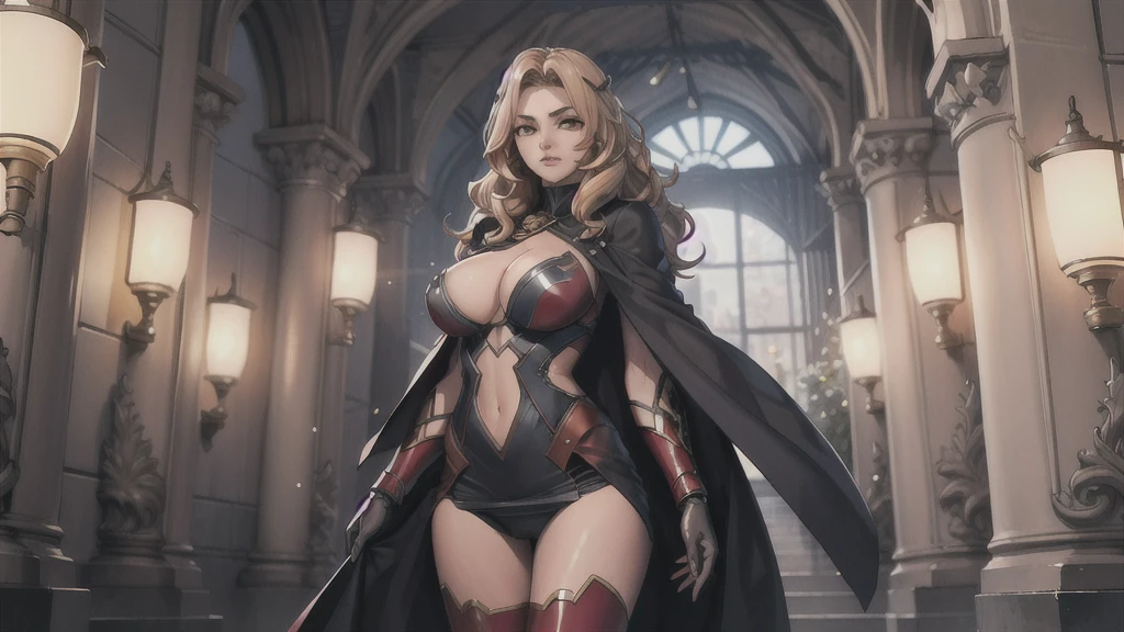 1girl,Alicia Viewsrtream, blonde hair, wavy hair, long hair, red eyes,red lips,red impossible clothes,red elbow gloves,red thigh boots,cape,incredibly absurdres,thighs,realistic,reality,hetero, best quality:1.4, intricate details, sharp focus, highres, elaborate atmosphere:0.90, 8K, 4K, UHD, 32k UHD resolution, Ultra Detailed 8K CG, ultra high res, High quality texture, High quality shadows, vivid colors, detailed eyes, depth of field, soft lighting, masterpiece, best quality, intricate, (lens reflection: 0.7), (flowering: 0.7), particle effects, ray tracing, tone mapping, highly detailed, smooth, sharp focus, highly detailed art, Oda Non style, 8K,  (highly detailed background: 1.2), oda non style, indoors, palace, lights, windows, day,