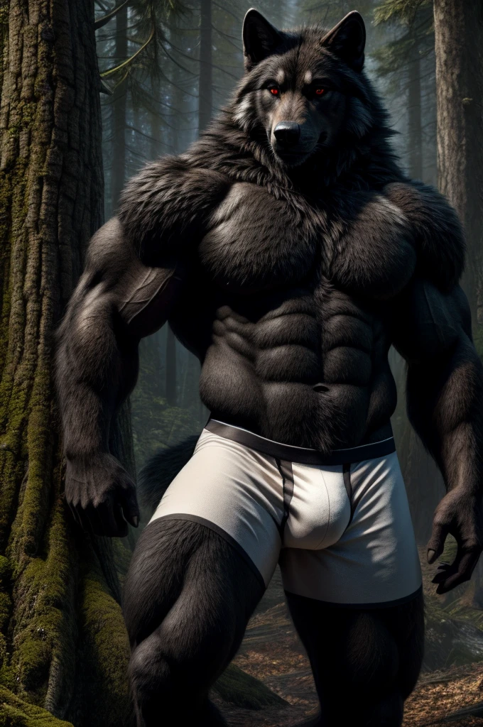 (full body shot), (realistic style), (furry), (humanoid), male wolf, full body black fur, red eyes, perfect muscular body, and biggest muscles, biggest pecs, and biggest thighs, wearing white boxer briefs, realistic forest background