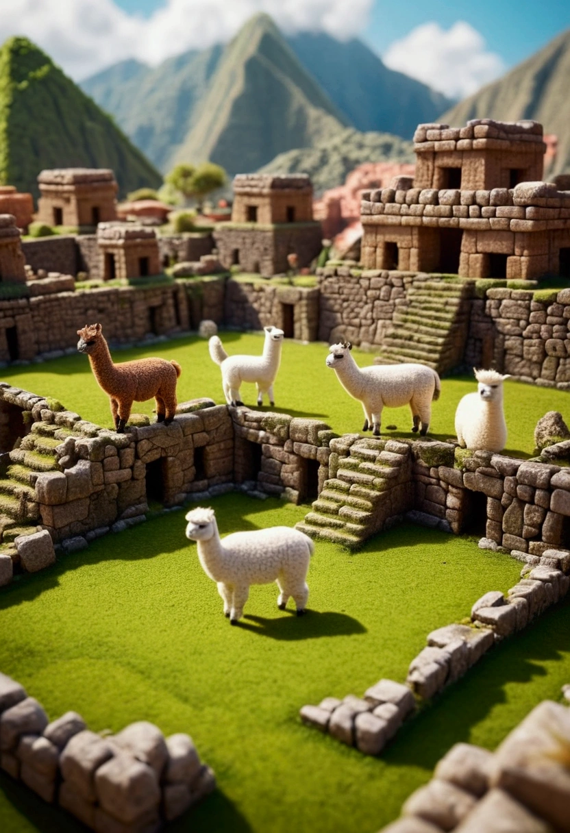 Miniature，Super Cute World, Cute animation, Tilt-Shift，excellent lighting，Volume Landcape，brush rendering，3D，super detailed, ((Inca ruins)), ((Inca buildings)), ((Alpacas)), grass, green tones, Sunny illumination